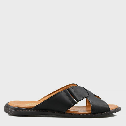 Black Leather Men’s Cross-Strap Slides – Nero | KarolShoes