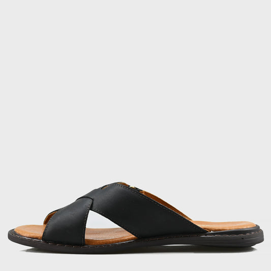 Black Leather Men’s Cross-Strap Slides – Nero | KarolShoes