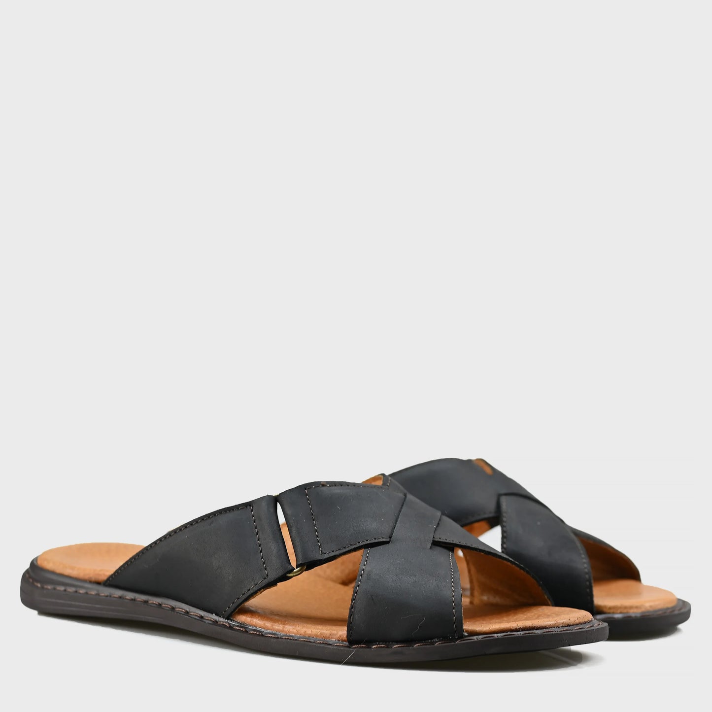 Schwarze Herren-Leder-Pantoletten mit Kreuzriemen – Nero | KarolShoes