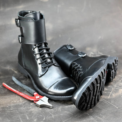 Pánské kožené boty Vanguard – černé vysoké boty s přezkami a bočním zipem | KarolShoes