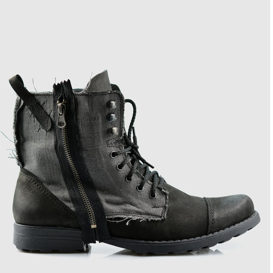 Handgefertigte Schwarze Herren-Boots aus Leder & Leinen – Linen | KarolShoes
