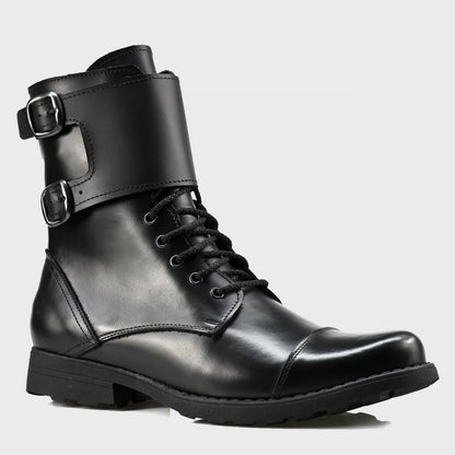 Pánské kožené boty Vanguard – černé vysoké boty s přezkami a bočním zipem | KarolShoes